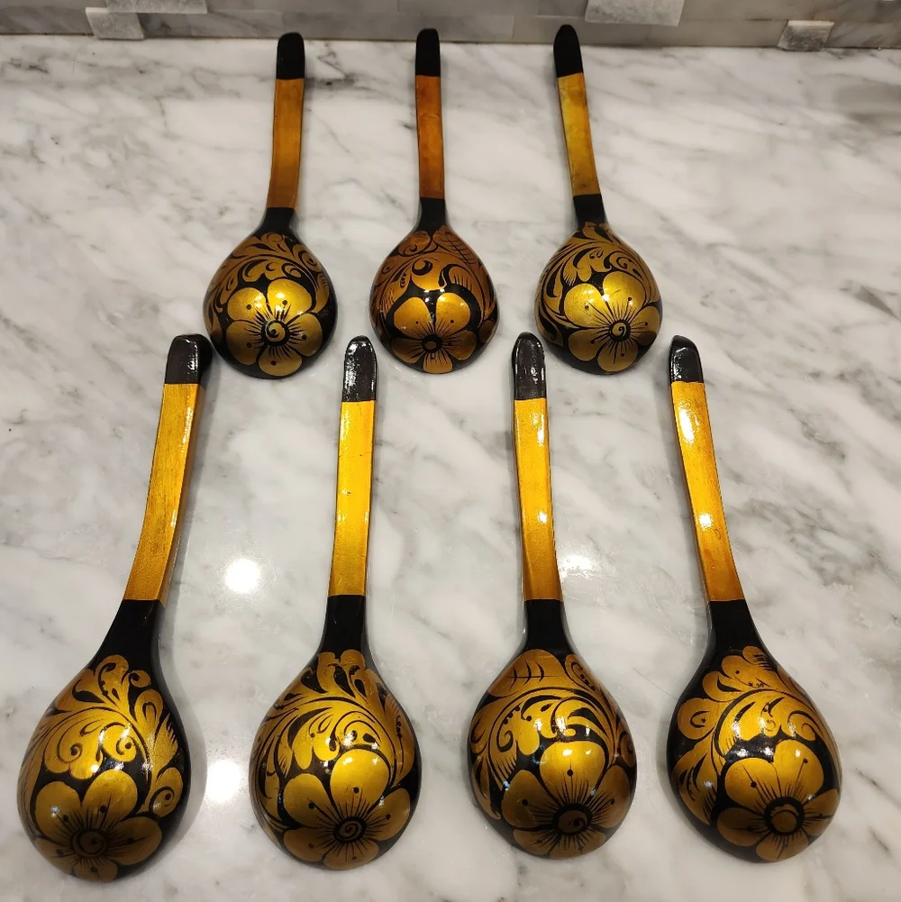 Russian Khokhloma Hand Painted Wooden Spoons Gold Floral Art Set of 7